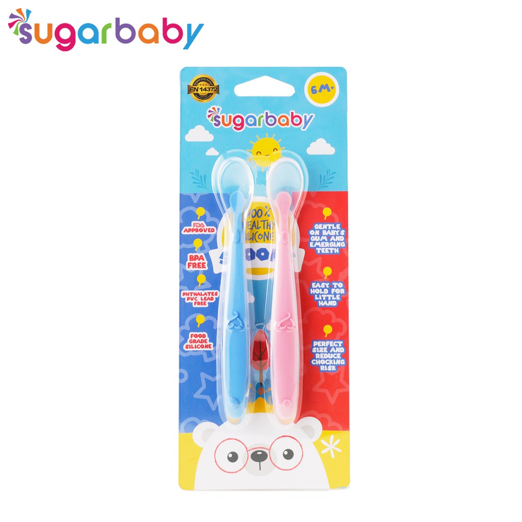 Sendok Silikon Bayi SUGAR BABY Healthy 2 Set Food Grade FDA Approved Blue Pink