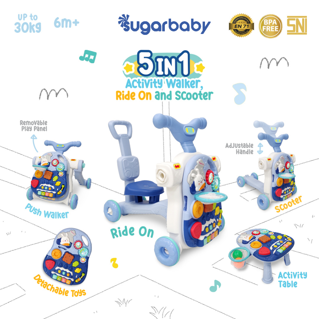 Sugarbaby Walker Bayi 5in1 Multifungsi Ride-On Scooter Push Walker Activity Table Foto 6