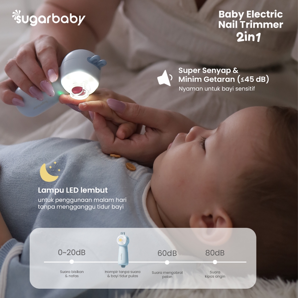 Sugarbaby Baby Electric Nail Trimmer 2in1 USB Type-C Lampu LED 5 Kepala Poles Senyap Foto 3