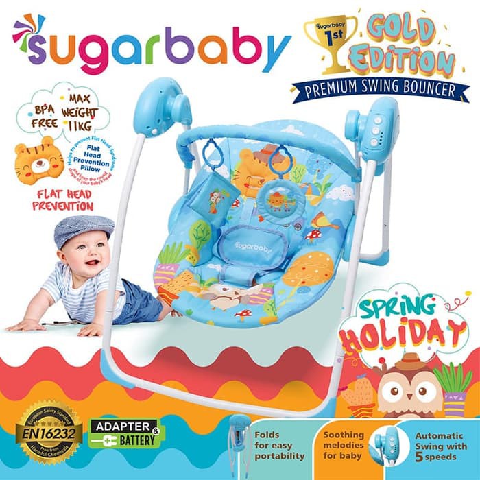 Ayunan Bayi Otomatis Sugar Baby Swing Bouncer Gold Edition Motif Spring Holiday Biru Foto 3