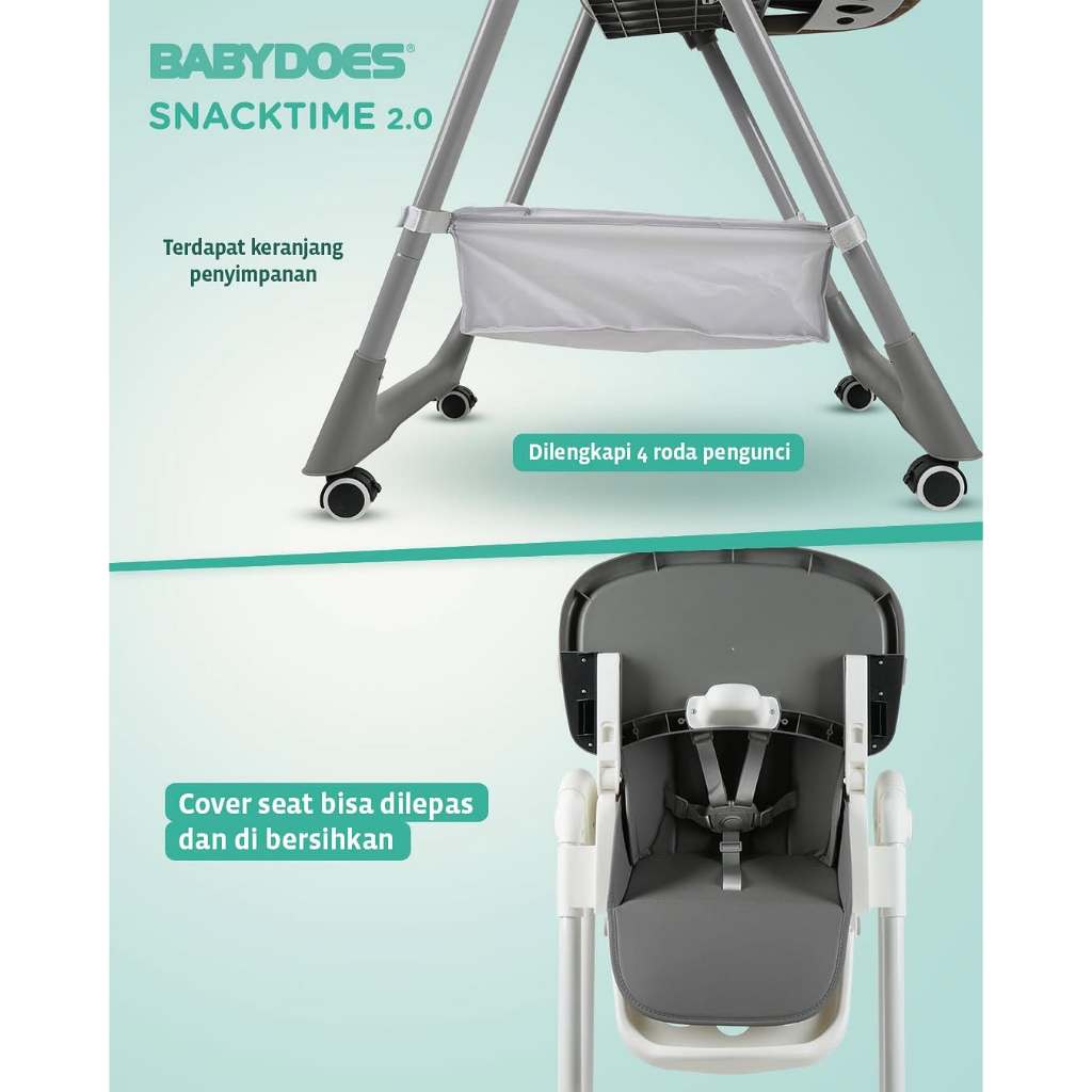 High Chair Babydoes Snacktime 2.0 Kursi Makan Bayi Sandaran Bisa Diatur 8 Tinggi Roda Foto 4