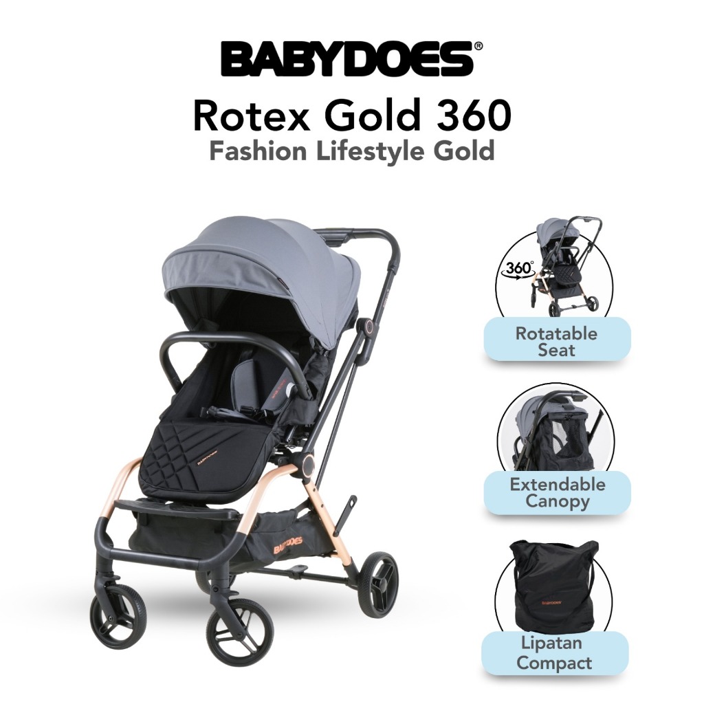 Stroller Bayi Babydoes Rotex Gold 360° Reversible Seat Compact Dilipat Travel Bag