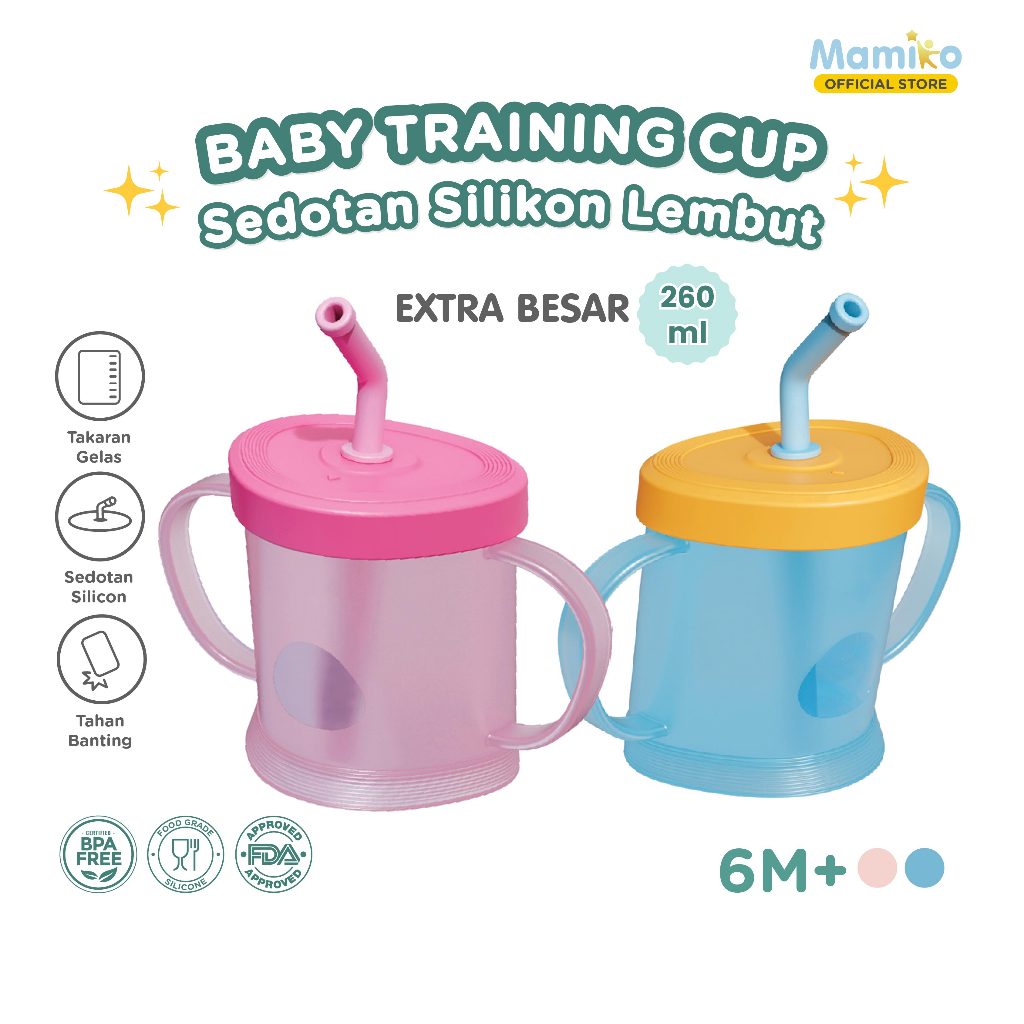 Gelas Training Sedotan Anak Mamiko 260ml Anti Tumpah Desain Miring 15 Derajat Foto 2
