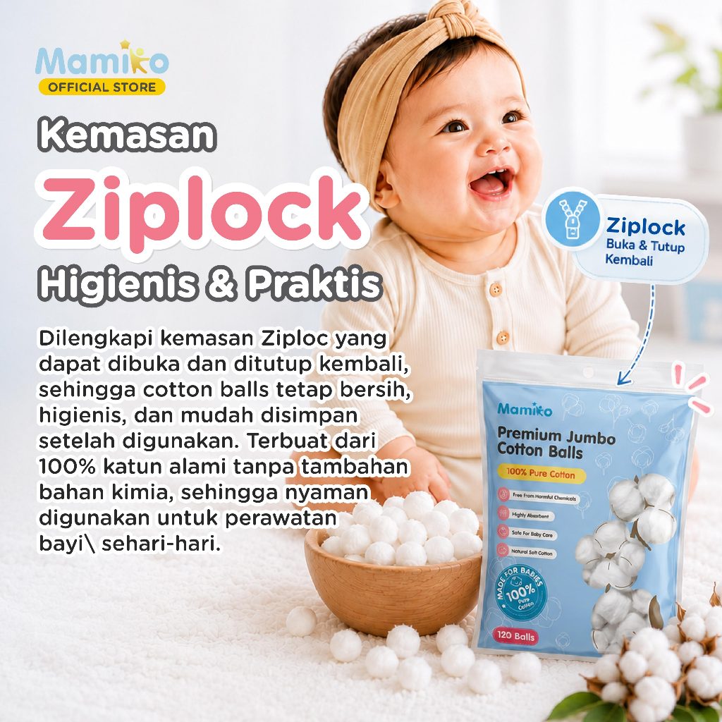 Mamiko Cotton Balls Premium Jumbo 120 Pcs 100% Pure Cotton Kapas Bola Foto 7