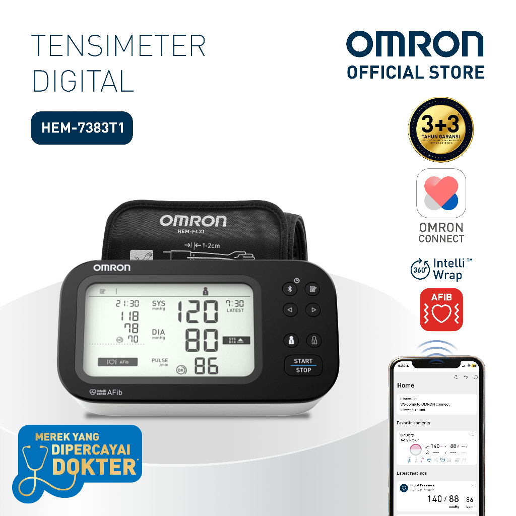Omron Tensimeter Digital HEM-7383T1 Automatic Blood Pressure Monitor dengan Deteksi AFib