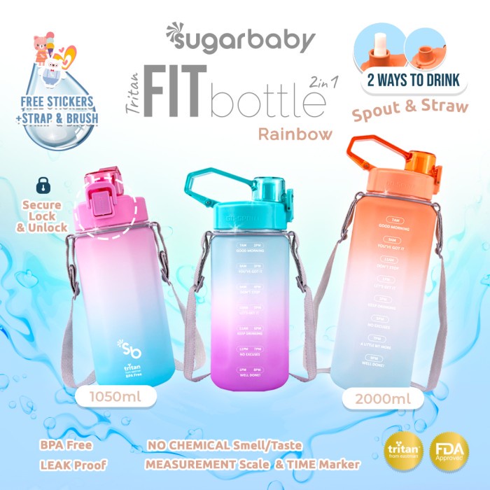 Botol Minum Sugarbaby Tritan Fit Bottle 2in1 Rainbow Anti Bocor dengan Sedotan dan Time Foto 2