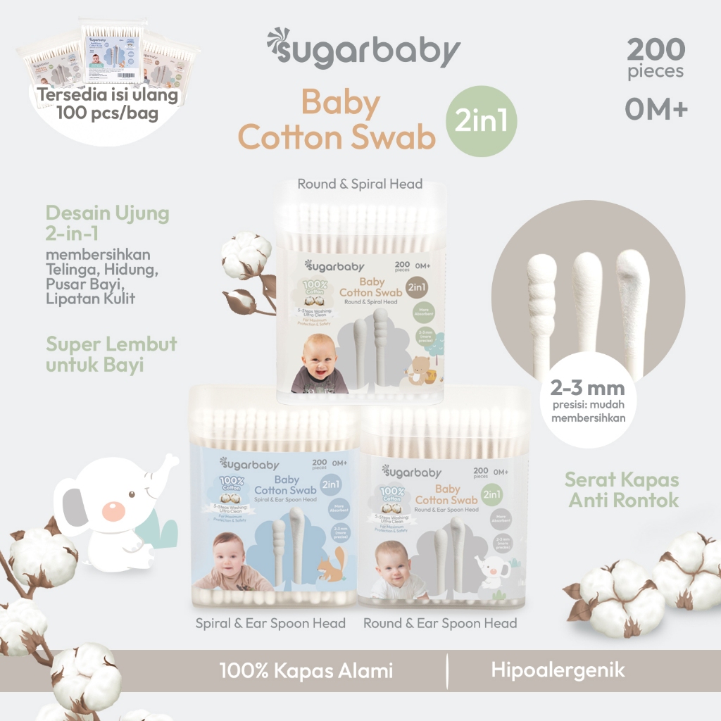 Sugarbaby Cotton Swab 2in1 Baby Cotton Bud 100% Kapas Alami 3 Varian Head