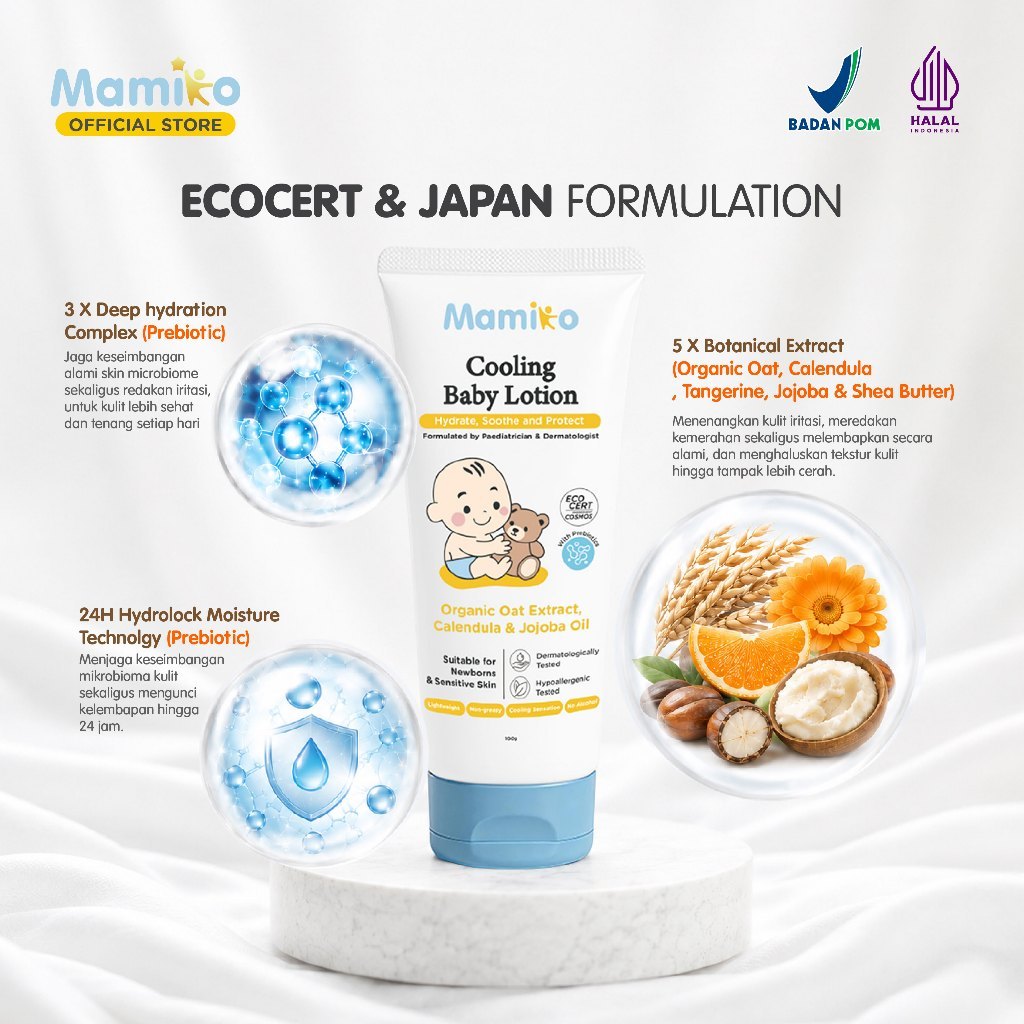Mamiko Cooling Baby Lotion 100g Hipoalergenik Formula Dokter Tanpa Aroma untuk Kulit Sensitif Newborn Foto 5