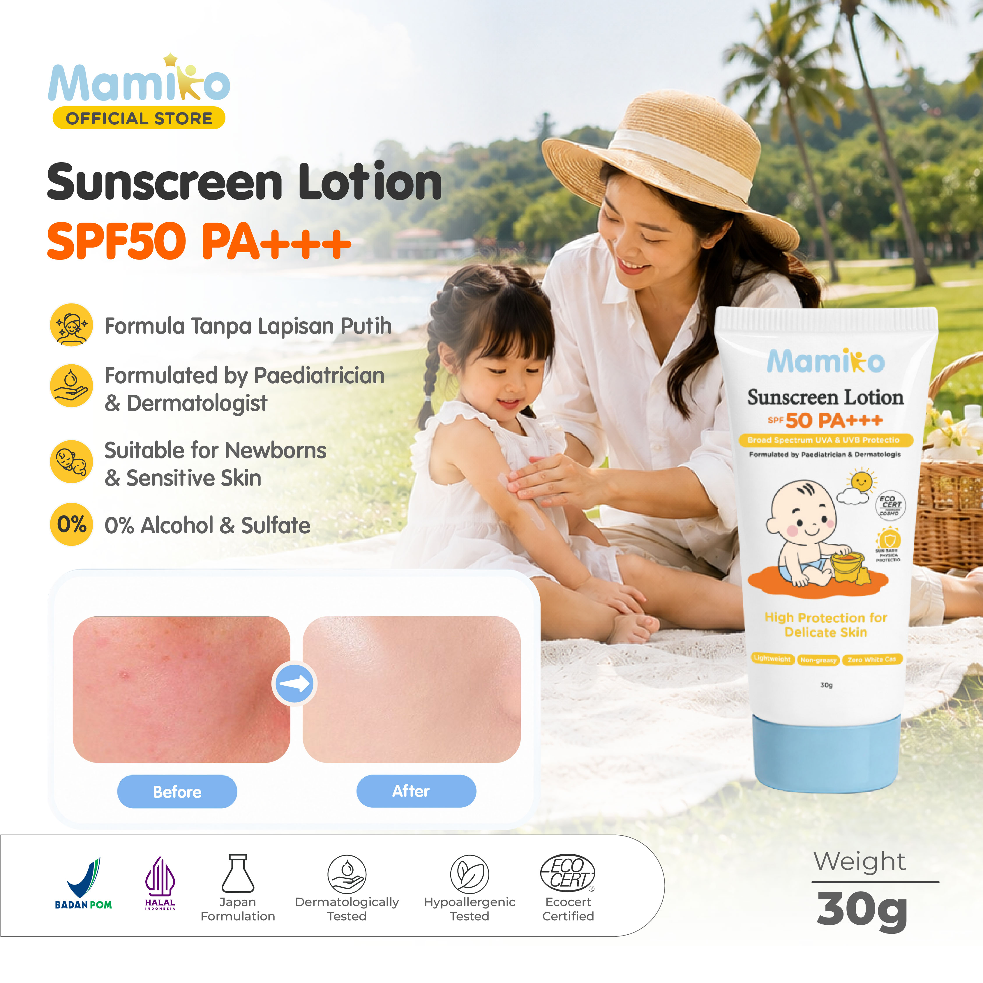 Mamiko Sunscreen Lotion SPF50 PA+++ 30g Broad Spectrum untuk Bayi Baru Lahir & Kulit Foto 6