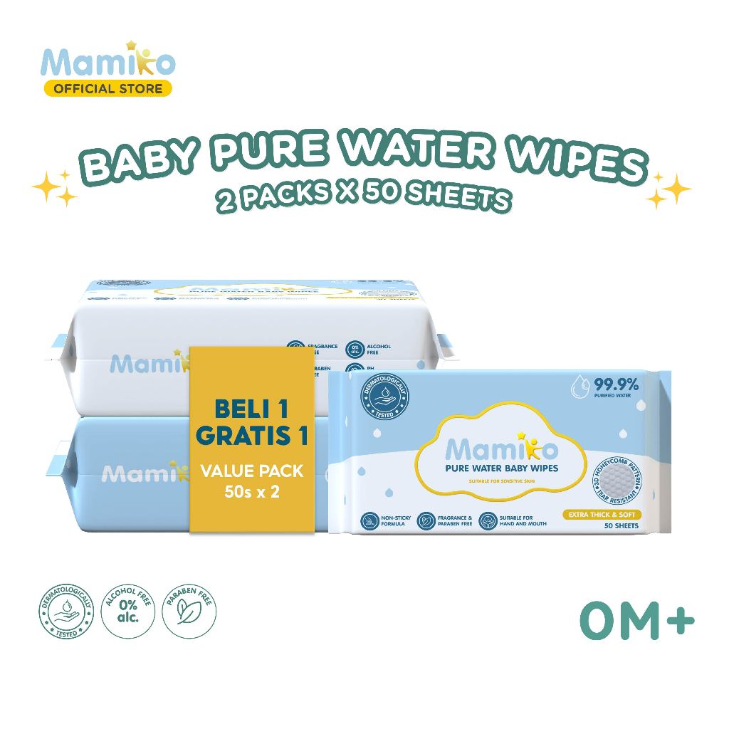 Tisu Basah Bayi Mamiko Pure Water 50s Bebas Alkohol & Parfum 2 Pack Foto 6