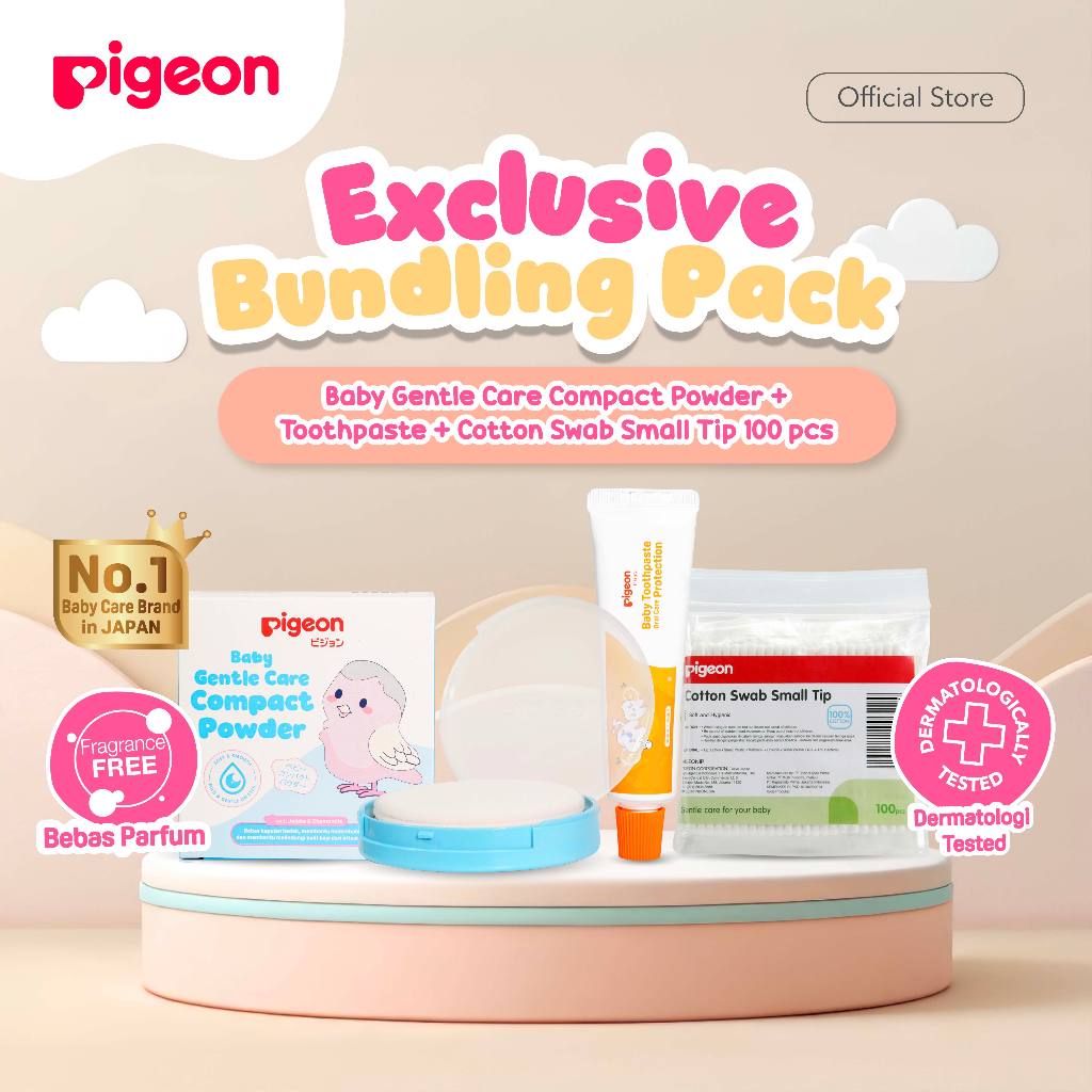 Pigeon Paket Perawatan Bayi Lengkap: Bedak Padat Chamomile 45gr, Pasta Gigi, Cotton Bud Small