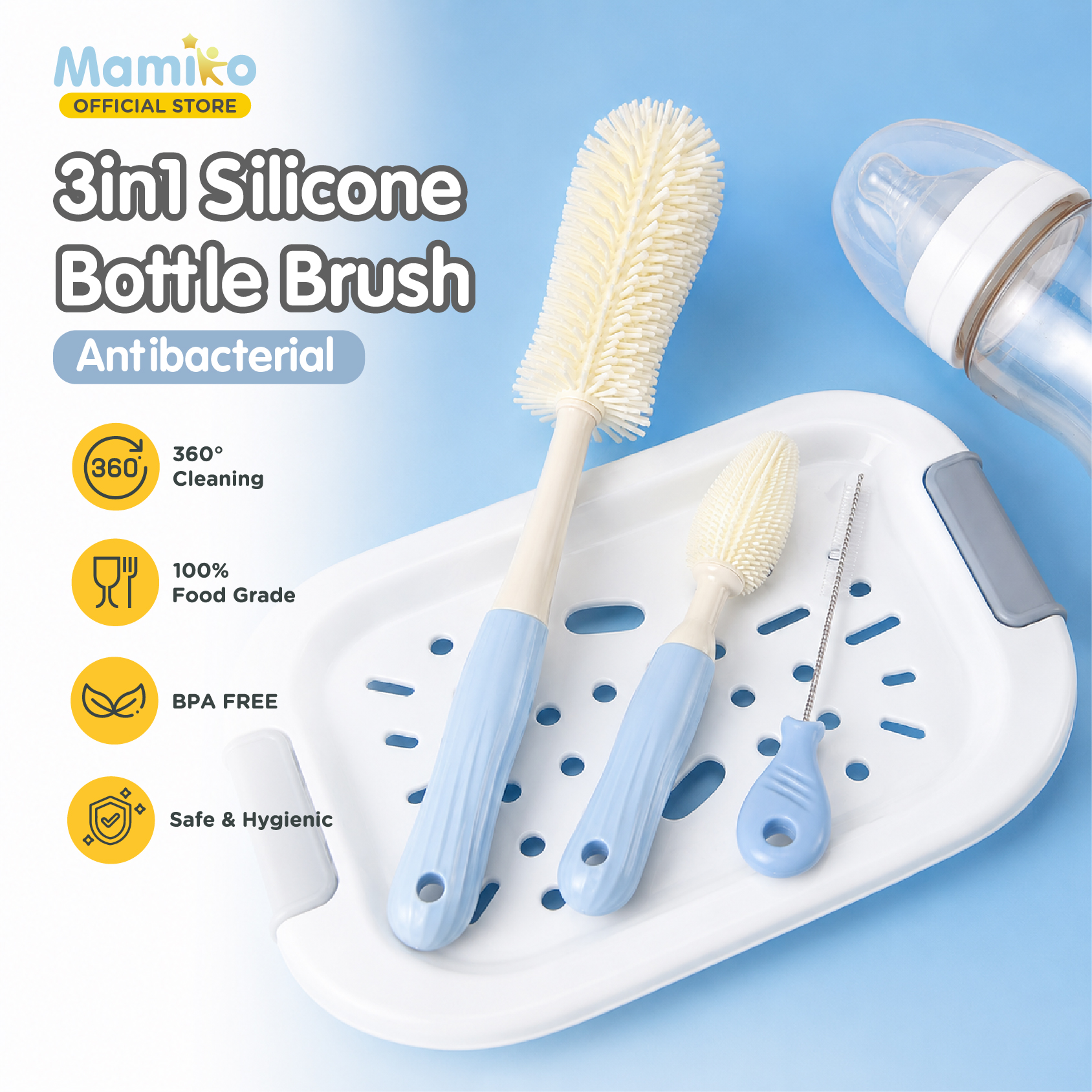 Mamiko Silicone Bottle Brush 3in1 Sikat Botol Dot Sedotan BPA Free Warna Biru Foto 6