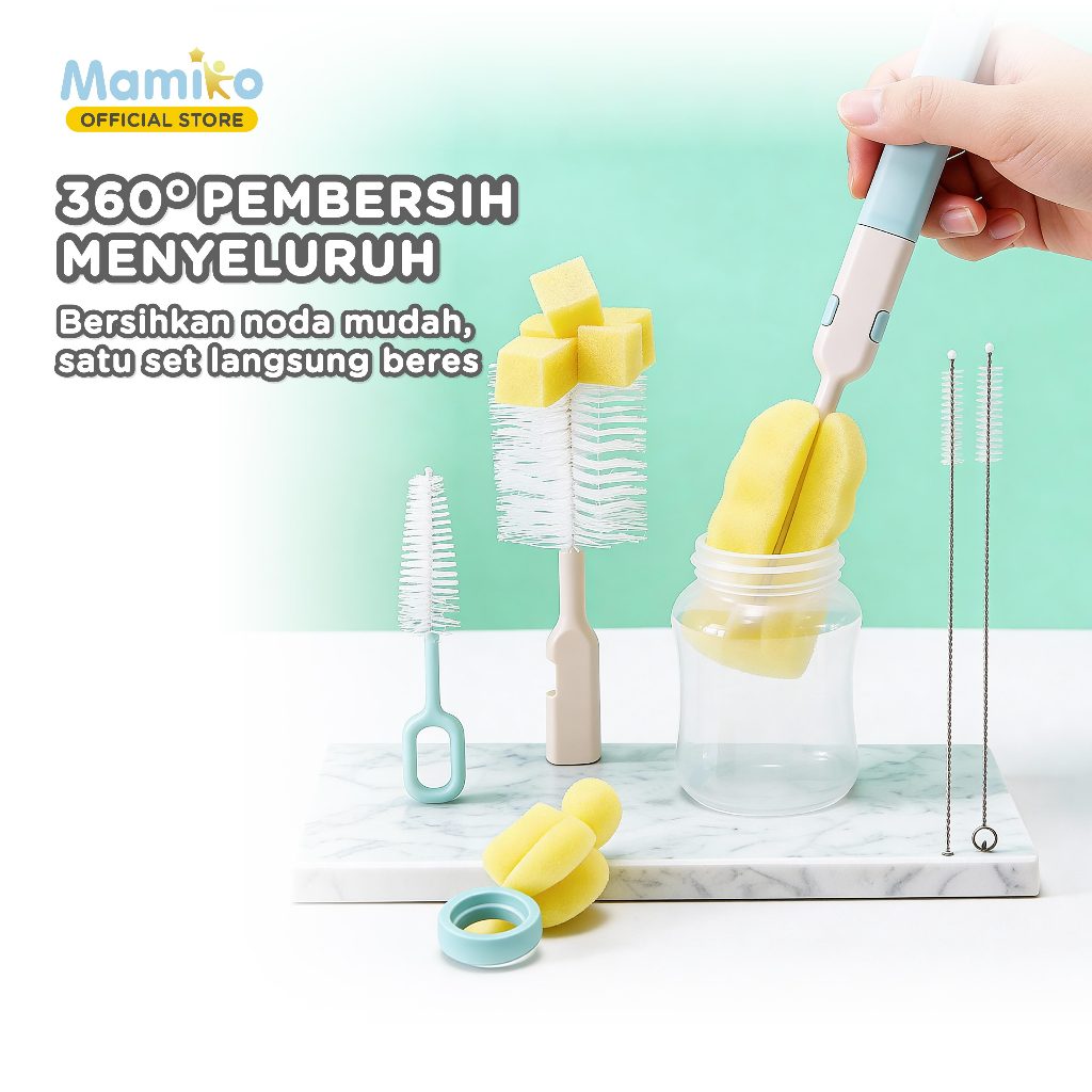 Set Sikat Botol Bayi Mamiko 6in1 Multifungsi Sponge Putih Silikon Biru Pink
