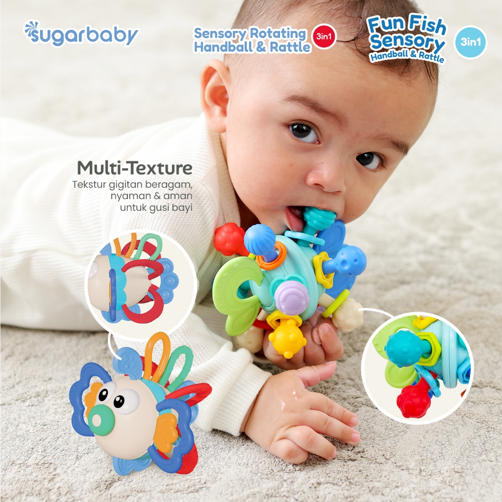 Sugarbaby Fun Fish Sensory Rotating Handball Rattle Teether 3in1 Mainan Bayi BPA Free Foto 3