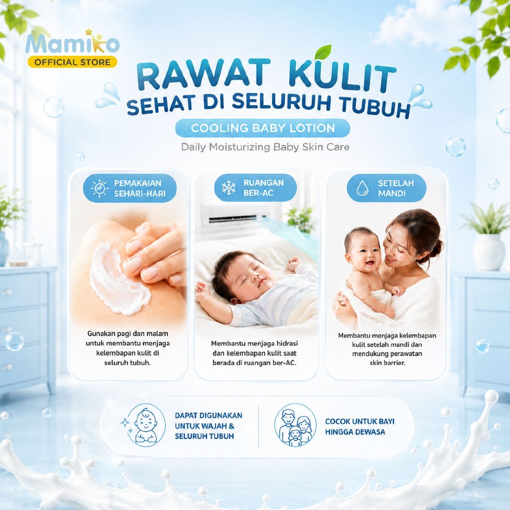 Mamiko Cooling Baby Lotion 100g Hipoalergenik Formula Dokter Tanpa Aroma untuk Kulit Sensitif Newborn Foto 2