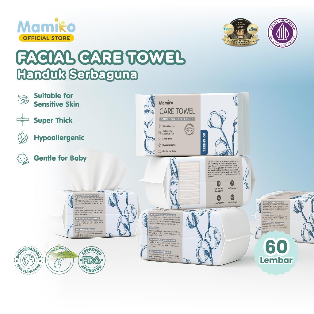 Mamiko Facial Care Towel Tisu Kering Tebal 60 Lembar AB Sisi 3D untuk Bayi