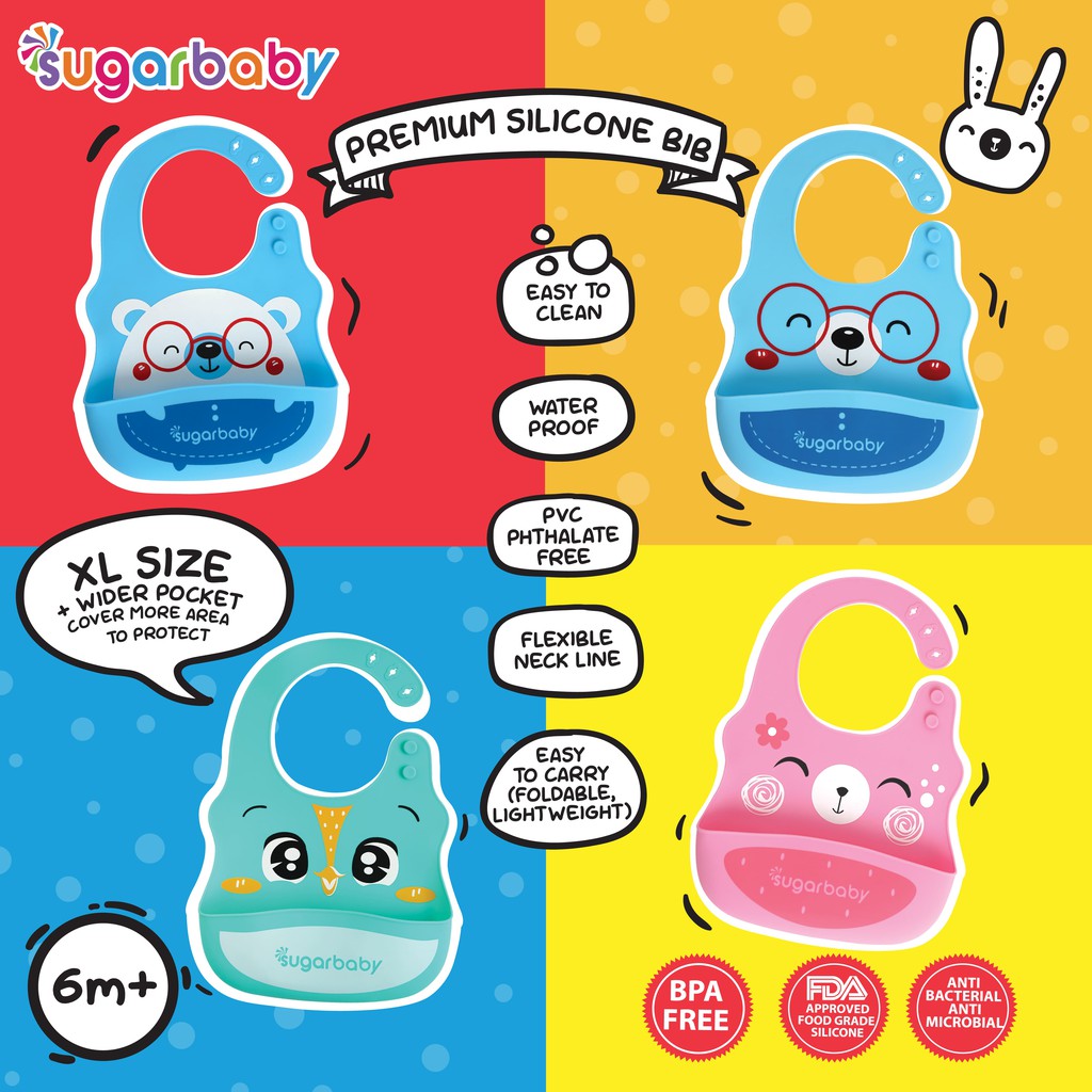 Celemek Bayi SUGAR BABY Premium Silicone BIB XL Size Green Bird Kantung Besar Foto 4