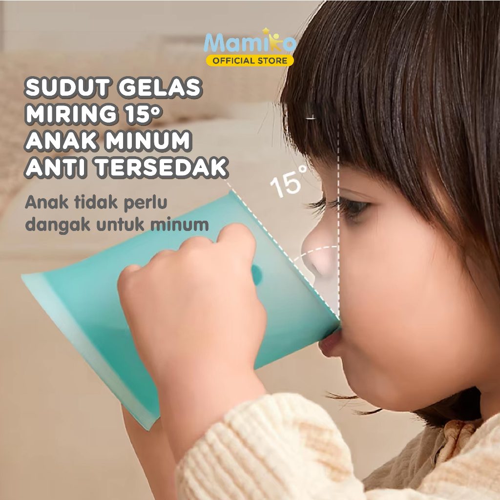 Gelas Training Sedotan Anak Mamiko 260ml Anti Tumpah Desain Miring 15 Derajat Foto 3