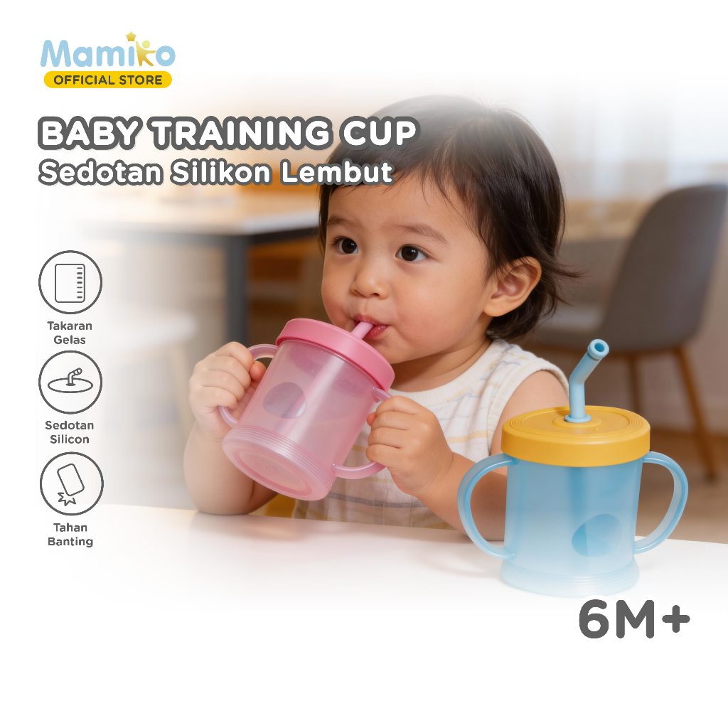 Gelas Training Sedotan Anak Mamiko 260ml Anti Tumpah Desain Miring 15 Derajat