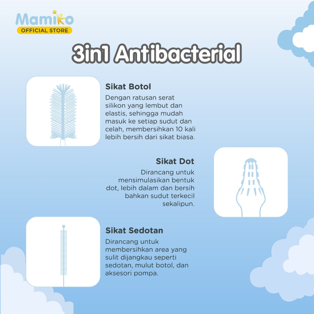 Mamiko Silicone Bottle Brush 3in1 Sikat Botol Dot Sedotan BPA Free Warna Biru Foto 2