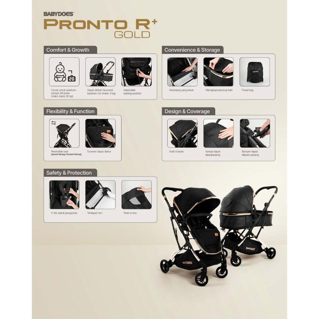 Stroller Bayi Babydoes Pronto R+ Gold Reversible Seat Bassinet Mode Newborn Foto 7