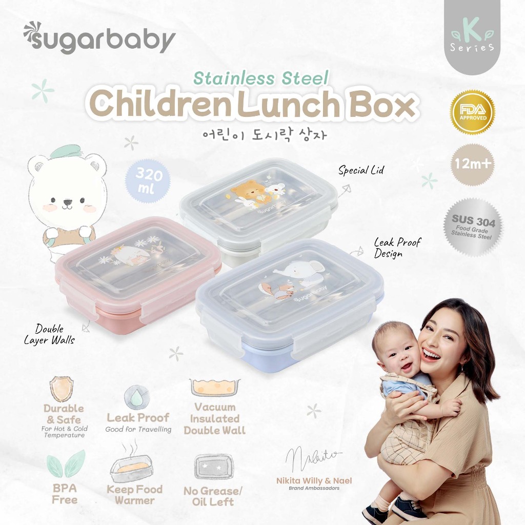 Kotak Makan Anak SUGAR BABY Stainless Steel SUS 304 Double Layer 320 ml Nature Foto 2