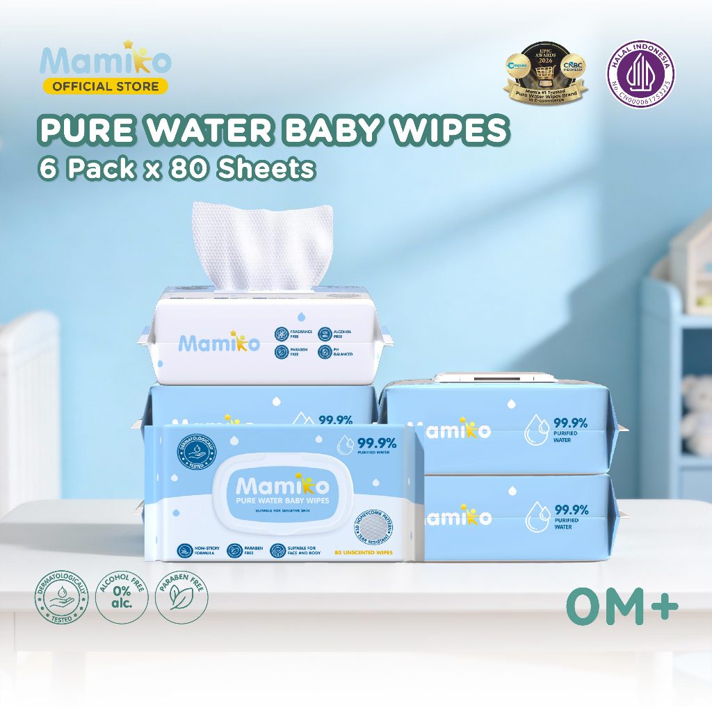 Mamiko Baby Wipes Pure Water Tisu Basah Bayi 80s Hipoalergenik Bebas Alkohol & Pewangi