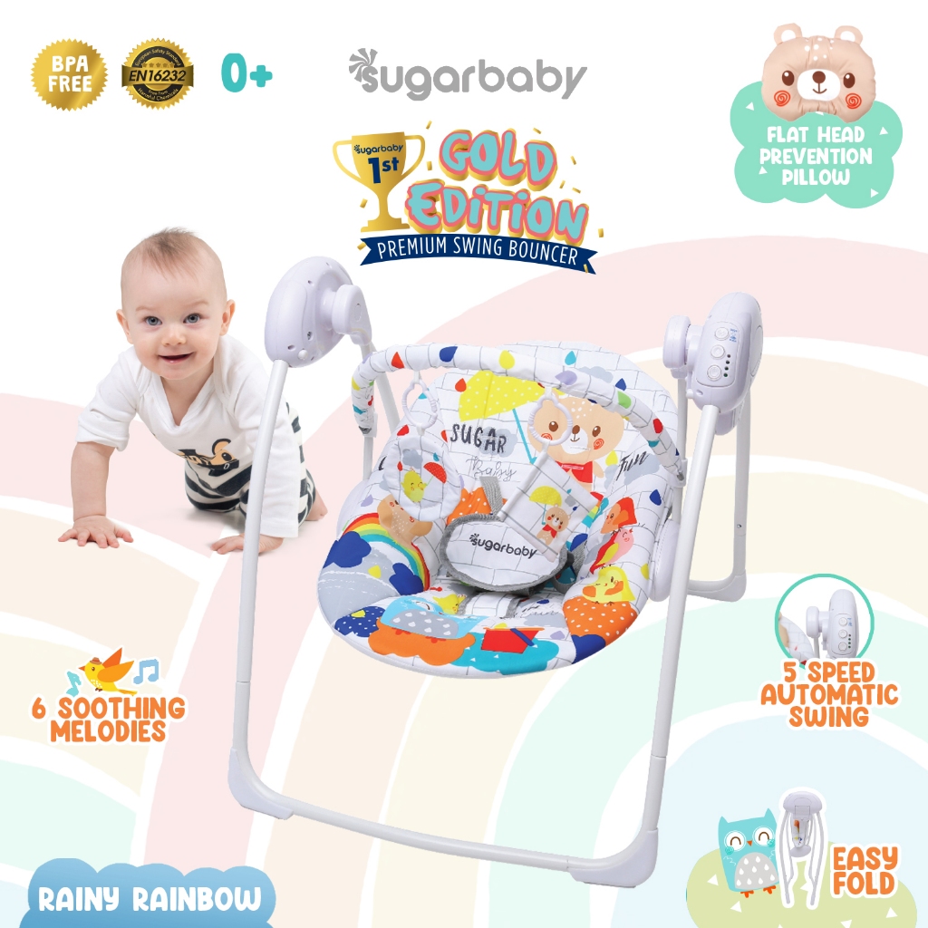 Ayunan Bayi Otomatis Sugar Baby Gold Edition Premium Swing Bouncer Motif Rainy Rainbow Putih Foto 5