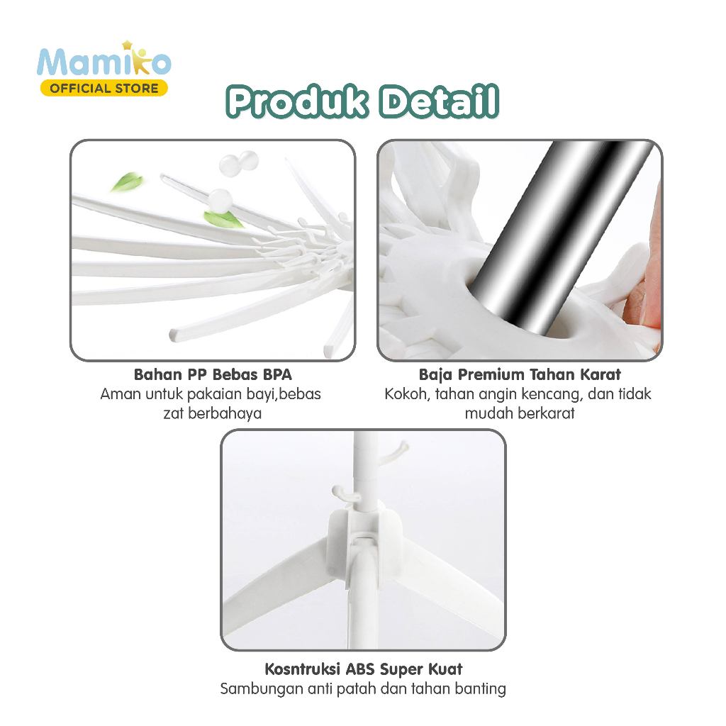 Mamiko Rak Jemuran Bayi 3 Tingkat 30 Klip Lipat Portable Folding Umbrella Stand Foto 3