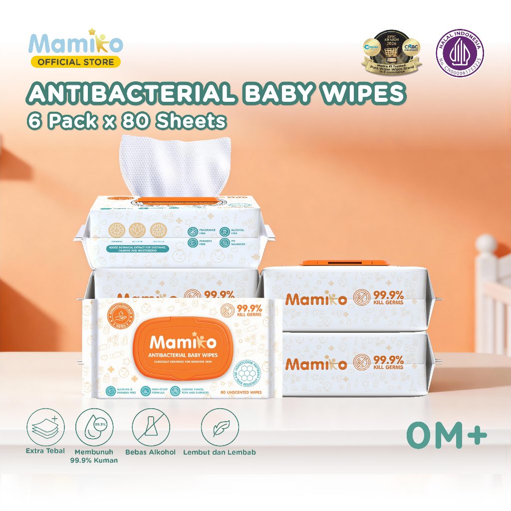 Mamiko Antibacterial Baby Wipes 80 Lembar Tisu Basah Anti Bakteri untuk Kulit Sensitif