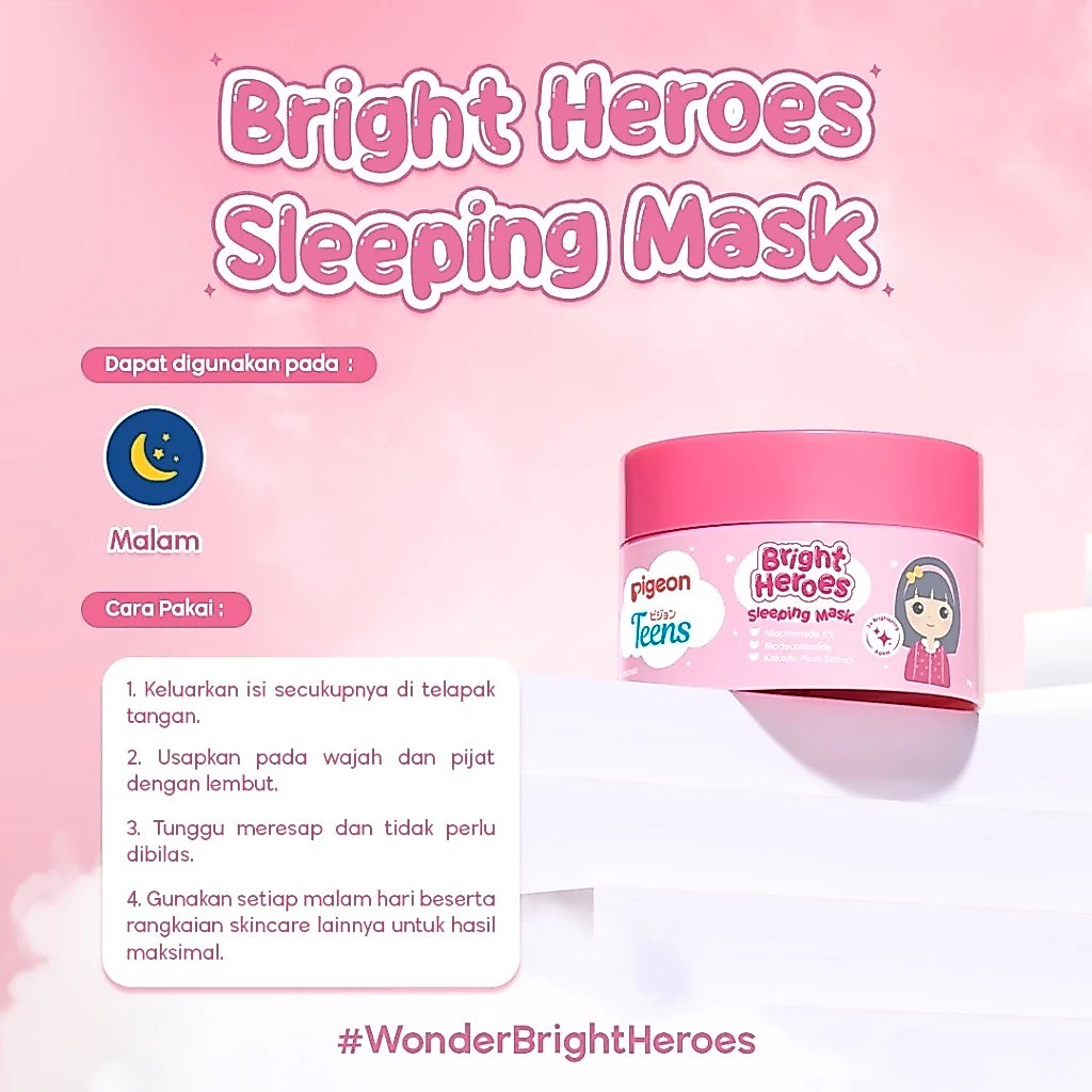Pigeon Teens Bright Heroes Sleeping Mask 30ml Skincare Remaja Niacinamide 5% Foto 3