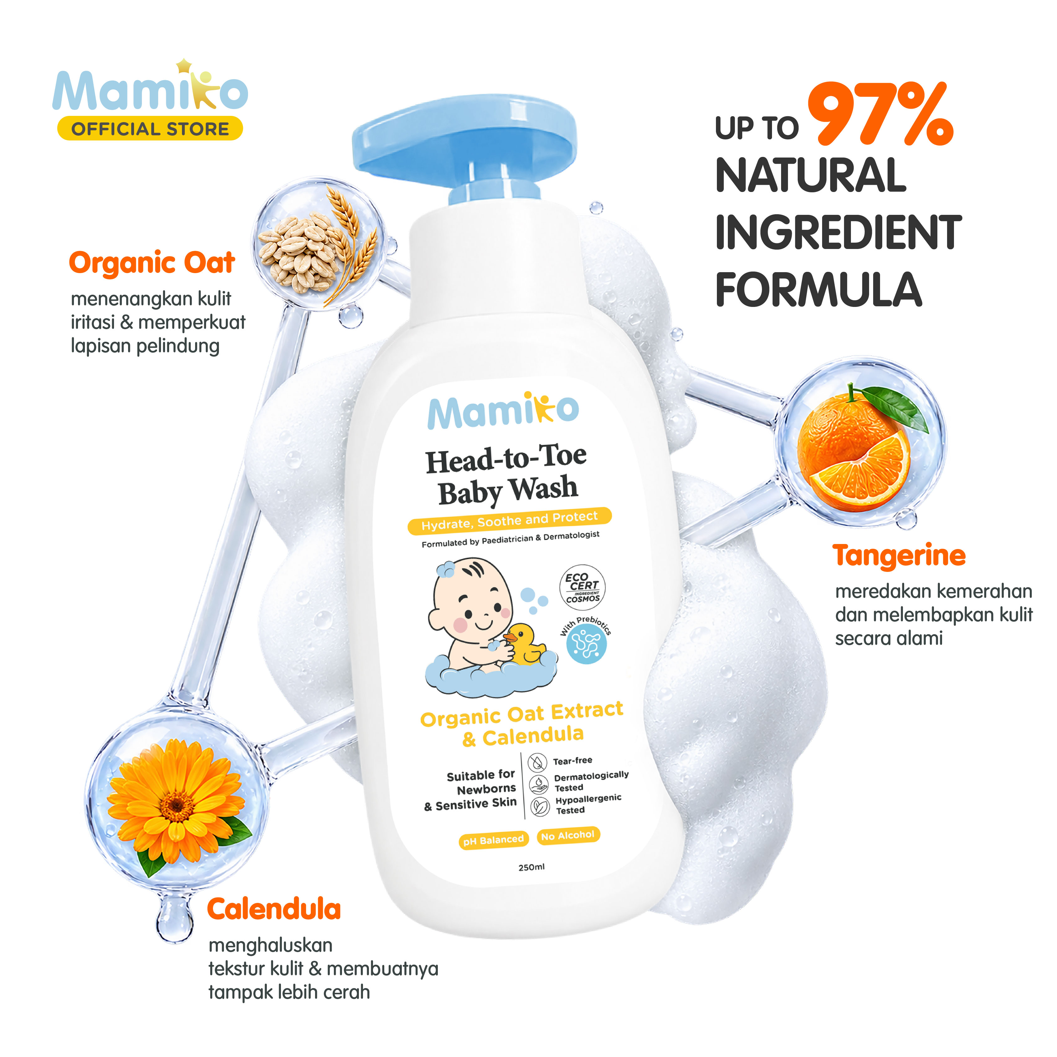 Mamiko Head-to-Toe Baby Wash 250ml Sabun & Sampo 2in1 Sensitive Skin Newborn Foto 8