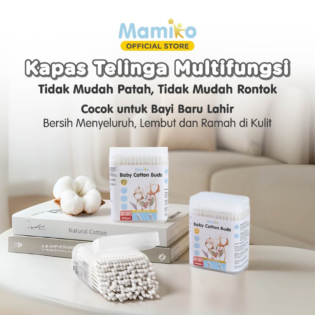 Mamiko Cotton Buds Bayi 2in1 Spiral Cekung Pembersih Telinga Hidung 200 pcs Foto 3