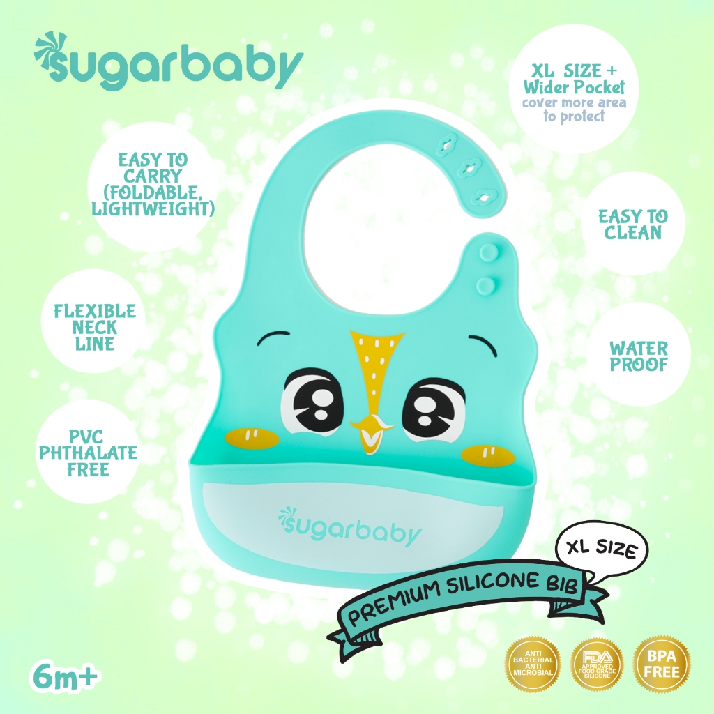 Celemek Bayi SUGAR BABY Premium Silicone BIB XL Size Green Bird Kantung Besar Foto 2