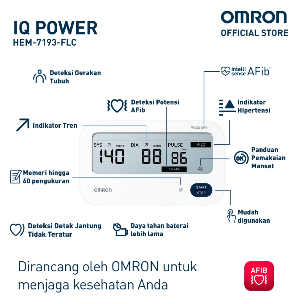 Omron Blood Pressure Monitor IQ Power HEM-7193 Digital dengan Deteksi AFib Tensimeter Foto 4