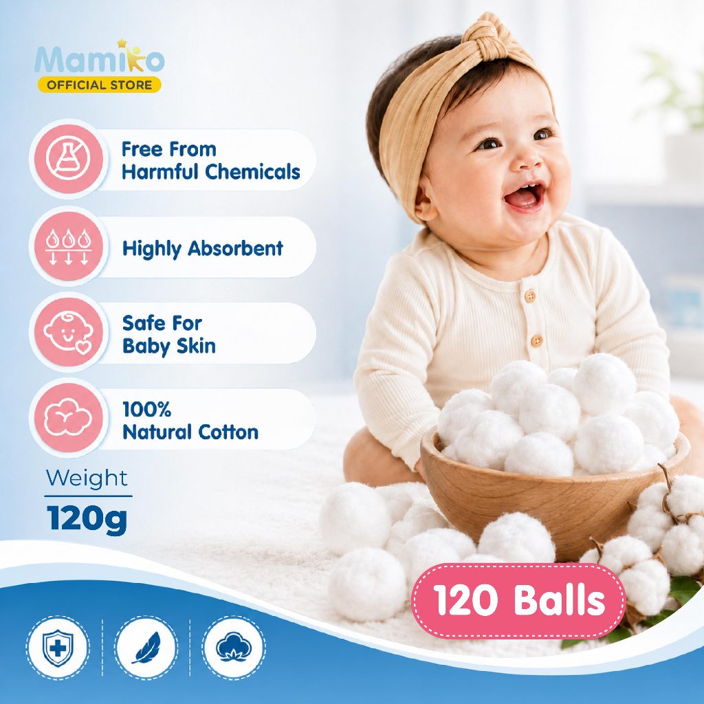 Mamiko Cotton Balls Premium Jumbo 120 Pcs 100% Pure Cotton Kapas Bola Foto 3