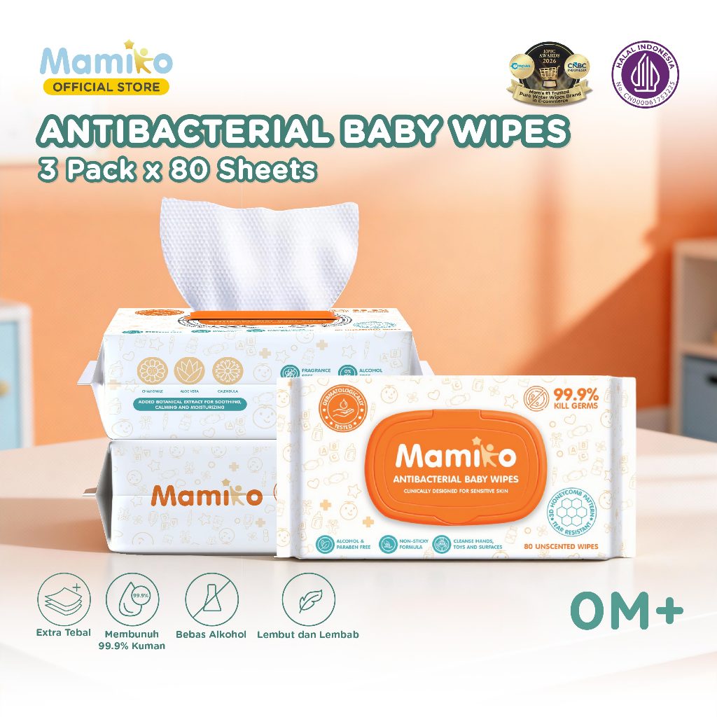 Mamiko Antibacterial Baby Wipes 80s Paket Hemat 3 Pack Tisu Basah Anti Bakteri