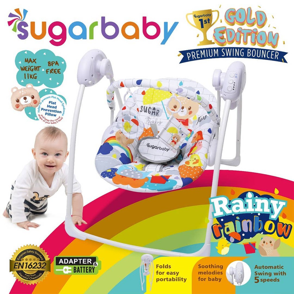 Ayunan Bayi Otomatis Sugar Baby Gold Edition Premium Swing Bouncer Motif Rainy Rainbow Putih Foto 2