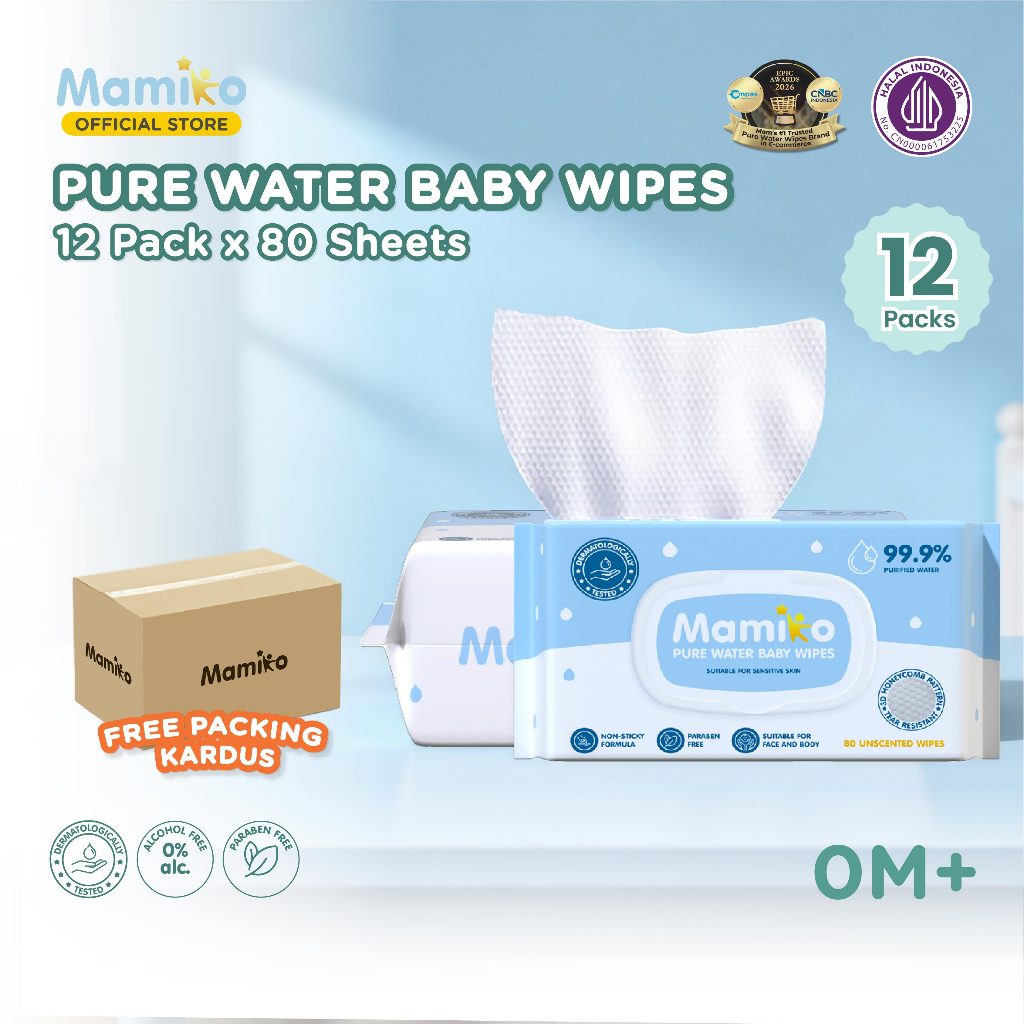 Tisu Basah Bayi Mamiko Pure Water Baby Wipes 12 Pack 80 Lembar Hipoalergenik