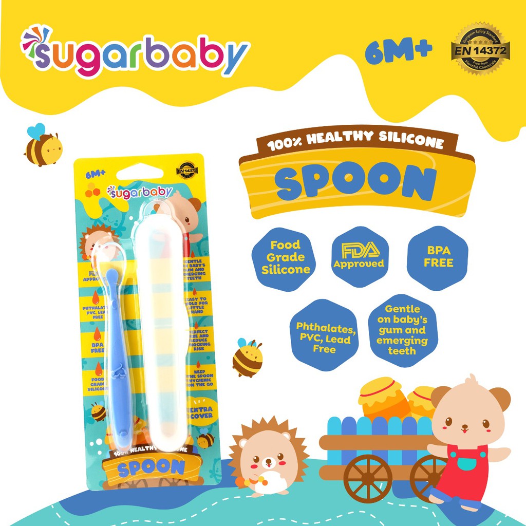 Sendok Bayi Silicone Food Grade SUGAR BABY Healthy dengan Tutup 2pcs Blue Foto 2