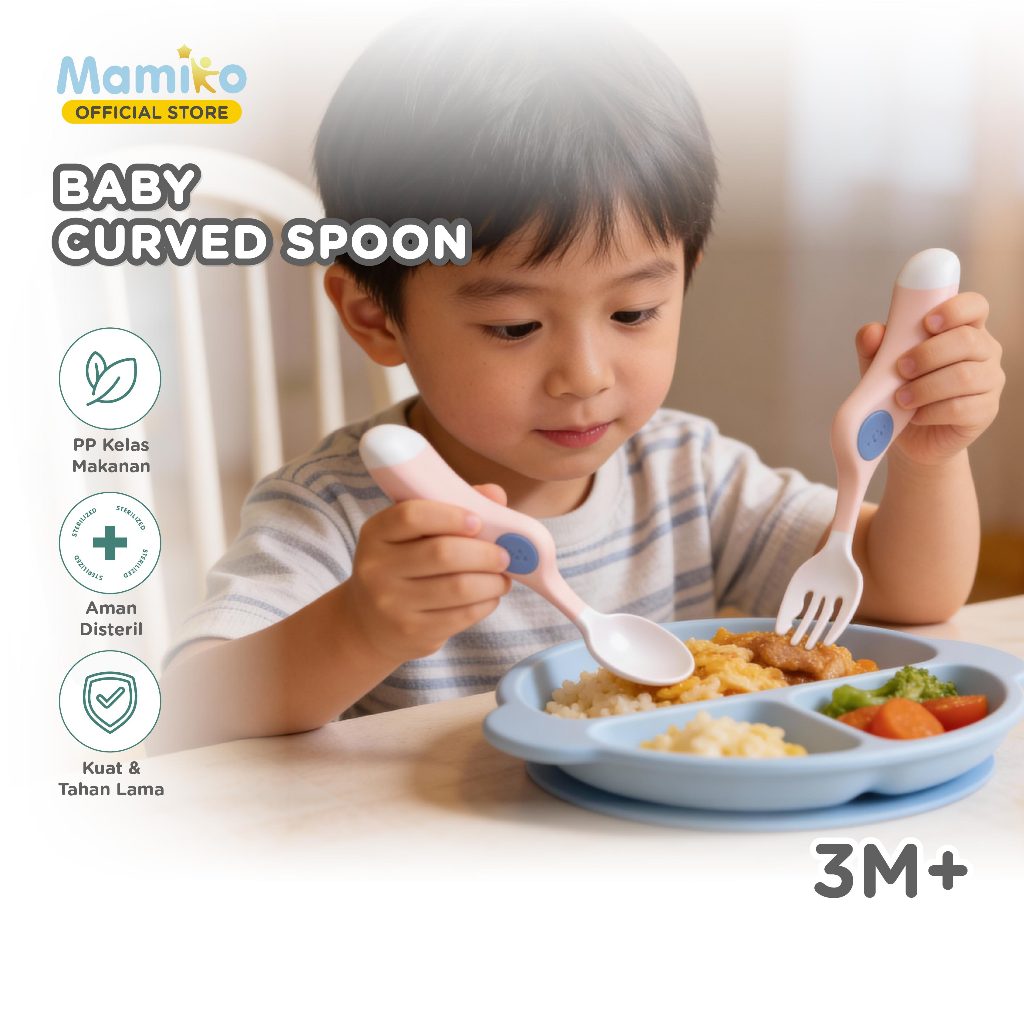 Sendok Garpu Bayi Mamiko KUB Working Curved Spoon Fleksibel Silikon MPASI