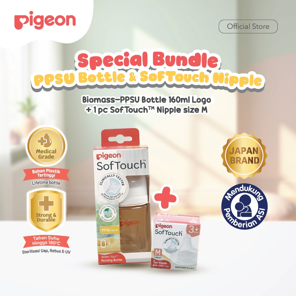 Pigeon Biomass-PPSU Wide Neck Botol Susu Bayi 160ml dengan SofTouch Nipple Size M Anti