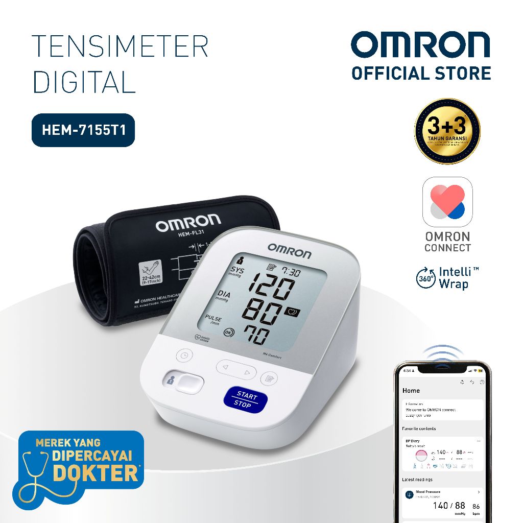 Omron Tensimeter Digital HEM-7155T Blood Pressure Monitor Lengan Atas Bluetooth IntelliWrap