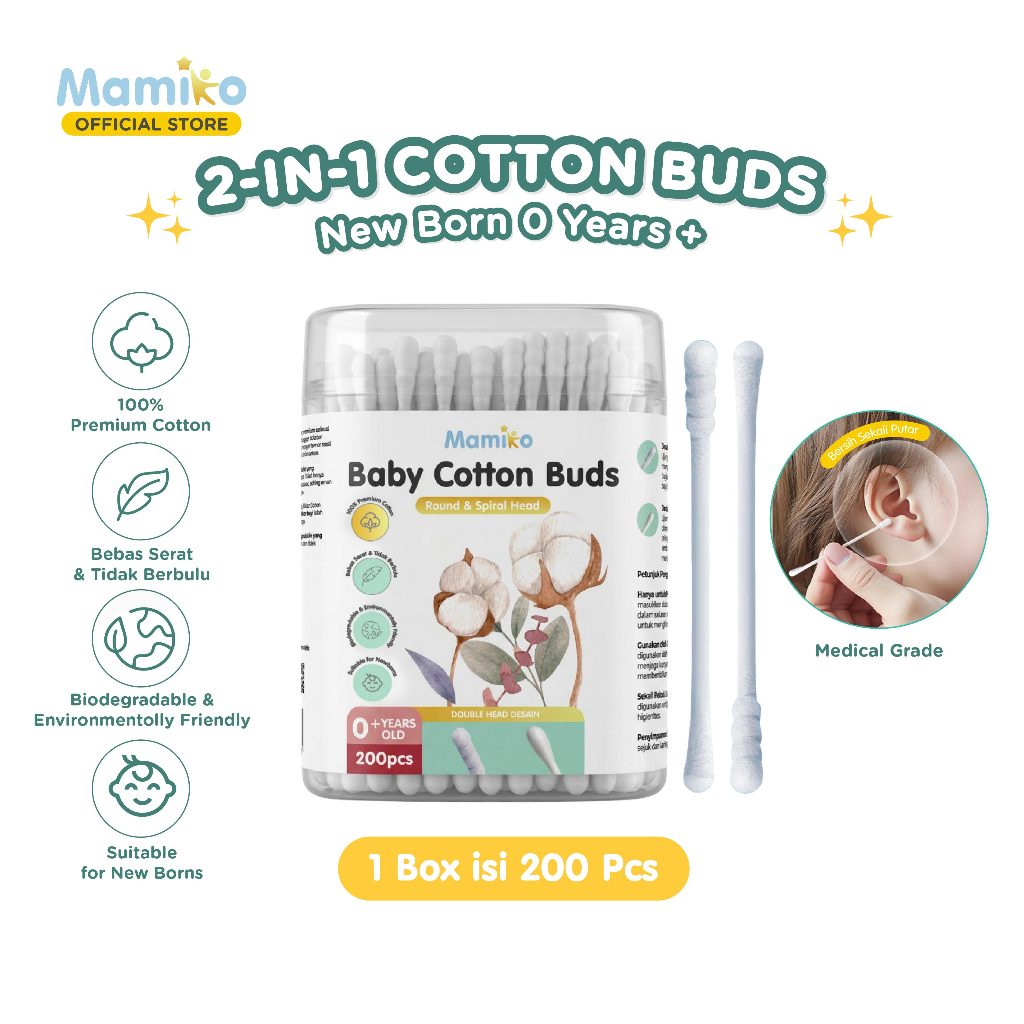 Mamiko Cotton Buds Bayi 2in1 Spiral Cekung Pembersih Telinga Hidung 200 pcs Foto 5