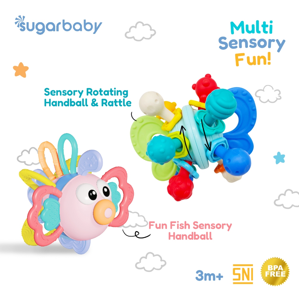 Sugarbaby Fun Fish Sensory Rotating Handball Rattle Teether 3in1 Mainan Bayi BPA Free