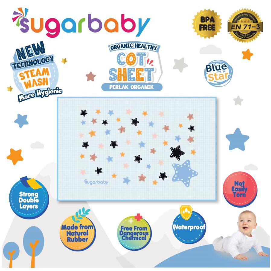 Perlak Bayi Organik Sugar Baby Alas Ganti Popok Waterproof 90x60cm Motif Blue Star Foto 3