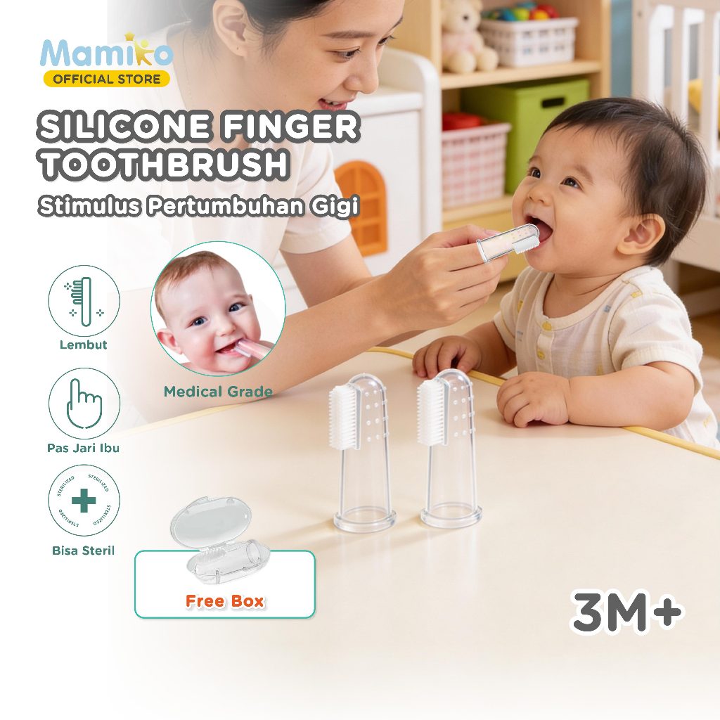 Kub Mamiko Sikat Gigi Jari Silikon Bayi 2pcs Set BPA Free untuk Usia 0-12 Foto 2