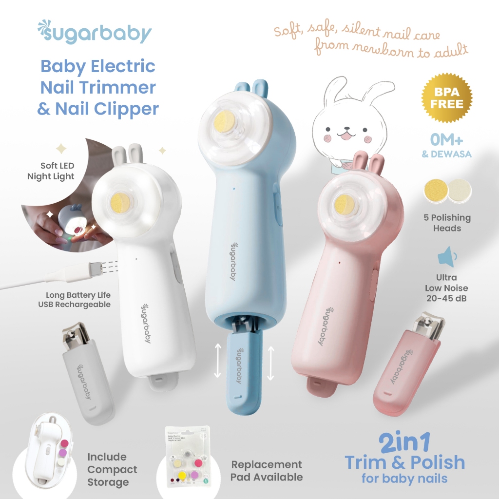 Sugarbaby Baby Electric Nail Trimmer 2in1 USB Type-C Lampu LED 5 Kepala Poles Senyap