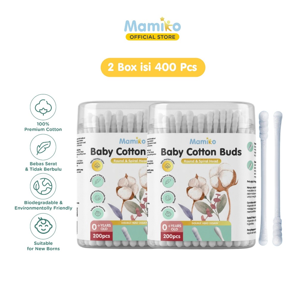 Mamiko Cotton Buds Bayi 2in1 Spiral Cekung Pembersih Telinga Hidung 200 pcs Foto 6