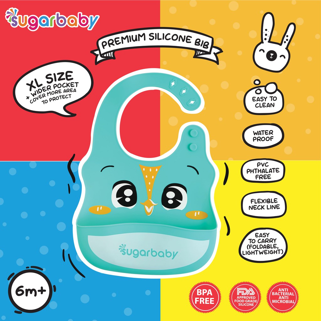 Celemek Bayi SUGAR BABY Premium Silicone BIB XL Size Green Bird Kantung Besar Foto 3